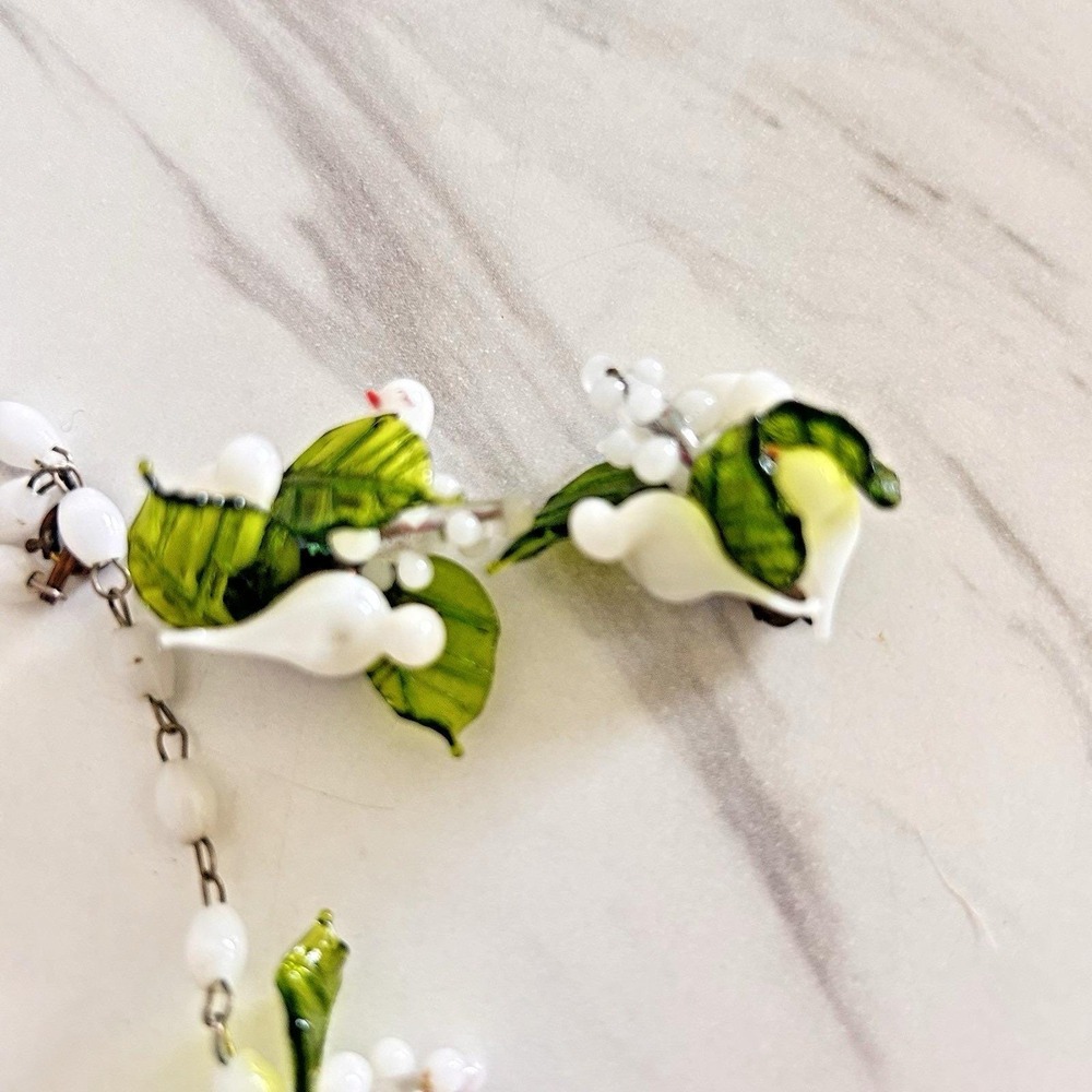 Vintage Murano White Glass Doves & Leaf Necklace‎ & Clip-on Earrings 1950s Italy - Picture 4 of 10